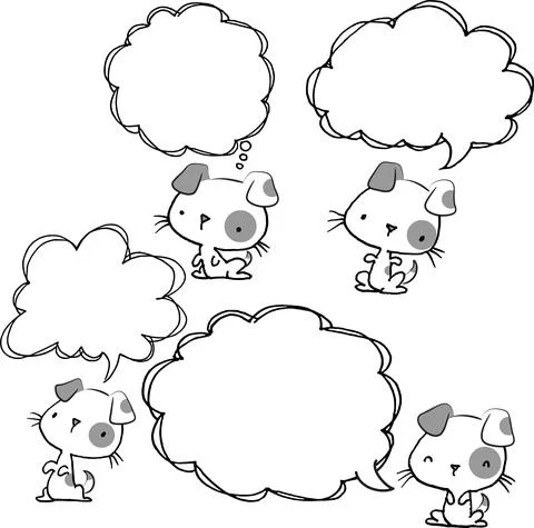 Vector cartoon puppy with speech bubbles frame border set Stock Illustration