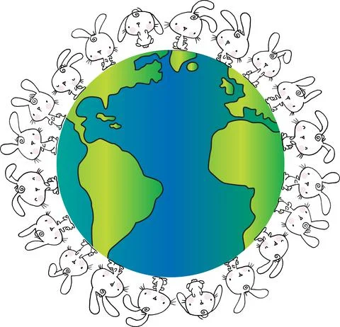 Vector cartoon rabbit on earth background Stock Illustration