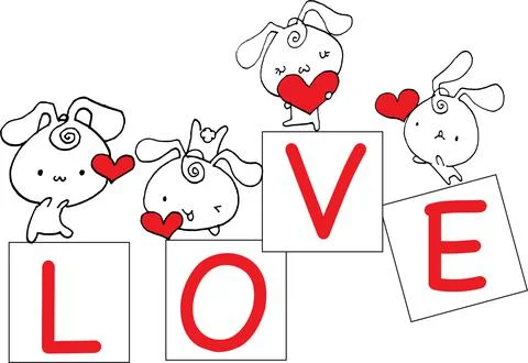 Vector cartoon rabbit hold heart shape border background Stock Illustration