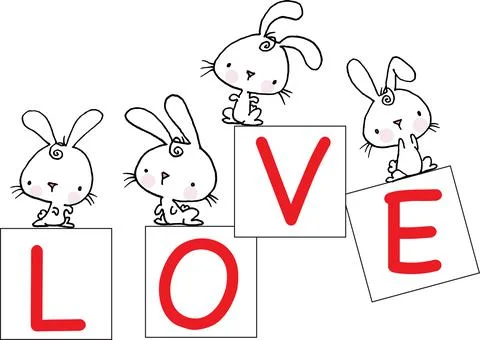 Vector cartoon rabbit with love icon sign background Stock Illustration