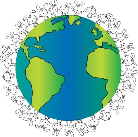 Vector cartoon rabbits on earth background Stock Illustration