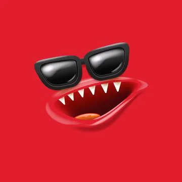 Vector Cartoon red monster face with black vintage sunglasses, open mouth, fangs 스톡 일러스트
