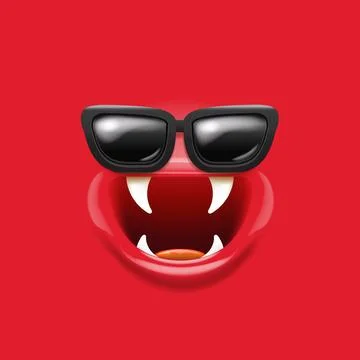 Vector Cartoon red monster face with black vintage sunglasses, open mouth, fangs 스톡 일러스트