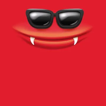 Vector Cartoon red monster face with black vintage sunglasses, open mouth, fangs イラスト素材