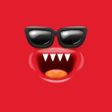 Vector Cartoon red monster face with black vintage sunglasses, open mouth, fangs 스톡 일러스트