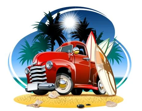 Vector cartoon retro pickup on beach Stock Illustration