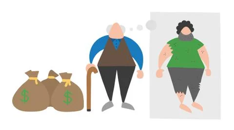 Vector cartoon rich old man with dollar money sacks but dreaming or thinking  Illustrazione stock