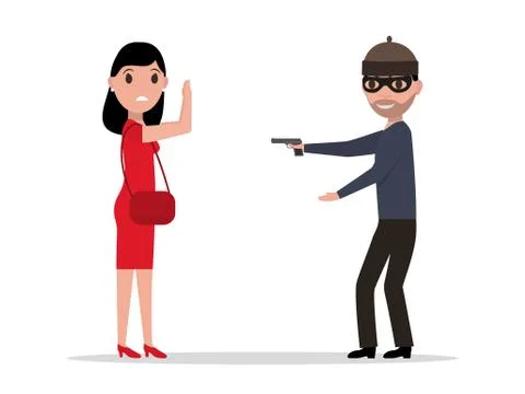 Vector cartoon robber with a gun robbing a woman Stock Illustration