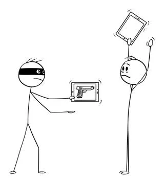 Vector Cartoon of Robber with Virtual Gun as Image on Tablet or Phone Mugging a Stock Illustration