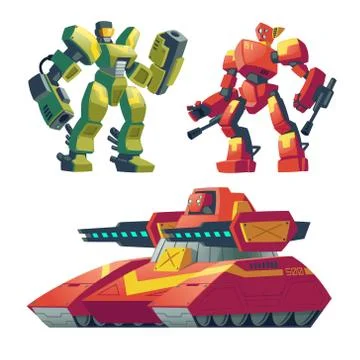 Vector cartoon robot guards, tank. Battle androids イラスト素材