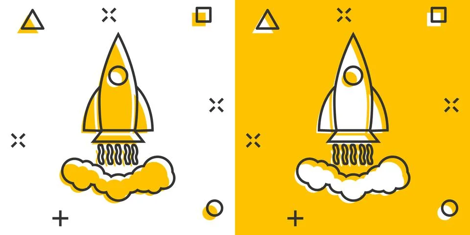 Vector cartoon rocket icon in comic style. Startup launch sign illustration p Illustrazione stock