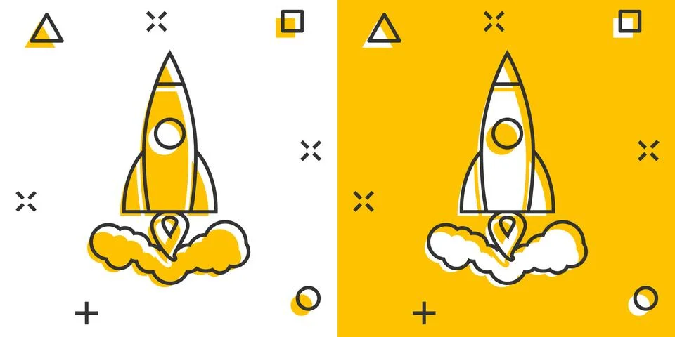 Vector cartoon rocket icon in comic style. Startup launch sign illustration p Illustrazione stock