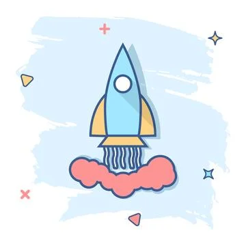 Vector cartoon rocket icon in comic style. Startup launch sign illustration p Illustrazione stock