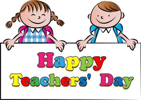 Vector cartoon school boy and girl holding a happy teachers day card Stock Illustration