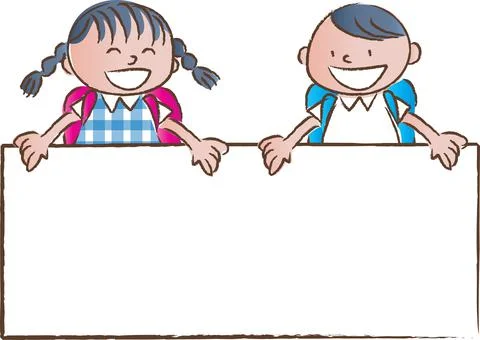 Vector cartoon school boy and girl holding a blank card border frame background Stock Illustration