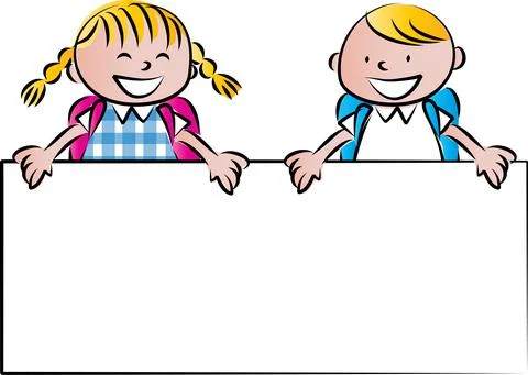 Vector cartoon school boy and girl holding a blank card border frame background Stock Illustration