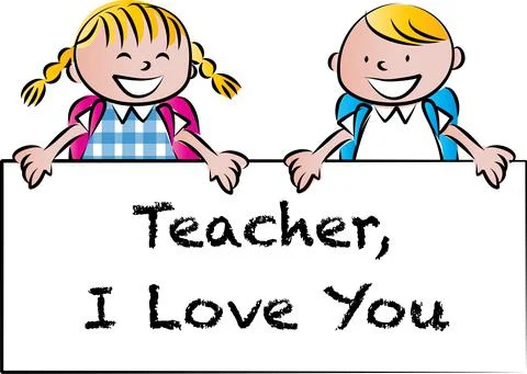 Vector cartoon school boy and girl holding a happy teachers day card Stock Illustration
