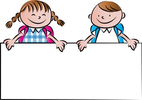 Vector cartoon school boy and girl holding a blank card border frame background Stock Illustration