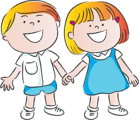 Vector cartoon school boy and girl hold hand Stock Illustration