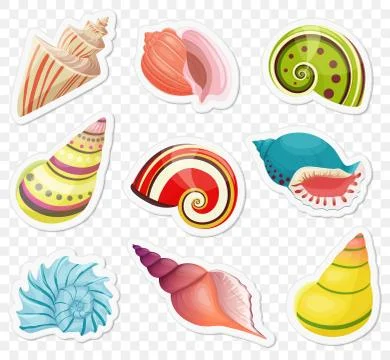 Vector cartoon sea shells stickers set on the transperant alpha background. Stock Illustration