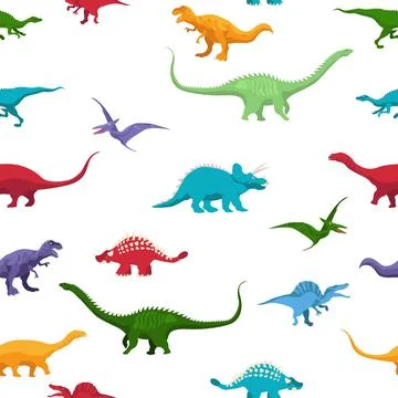 Vector cartoon seamless pattern with dinosaurus over white Stock Illustration