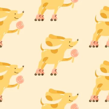 Vector cartoon seamless pattern. Flat yellow dog walking by retro roller Stock Illustration