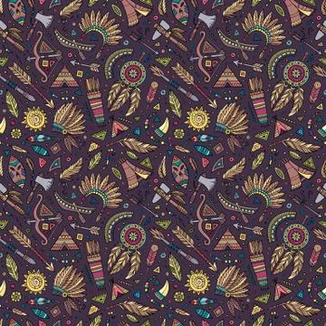 Vector cartoon seamless pattern with tribal elements Illustrazione stock