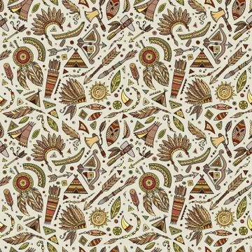Vector cartoon seamless pattern with tribal elements Illustrazione stock