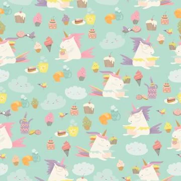 Vector cartoon seamless pattern unicorn with cake and coffee イラスト素材