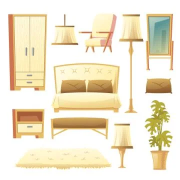 Vector cartoon set of bedroom - interior set Stock-Illustration