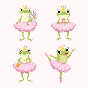 Vector cartoon set of a cute frog princess in a pink ballet tutu. Funny toad  Stock Illustration