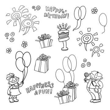 Vector cartoon set of elements for the birthday celebration. Children with Stock Illustration
