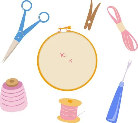 Vector cartoon set for embroidery, needlework. Various embroidery tools. Embr Stock Illustration