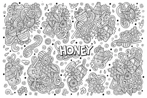 Vector cartoon set of Honey theme doodles design elements Stock Illustration