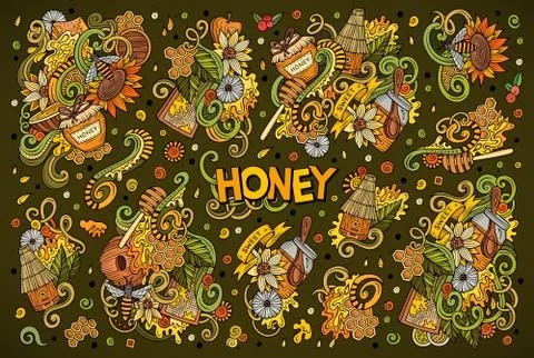 Vector cartoon set of Honey theme doodles design elements Stock Illustration