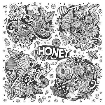 Vector cartoon set of Honey theme doodles design elements Stock Illustration