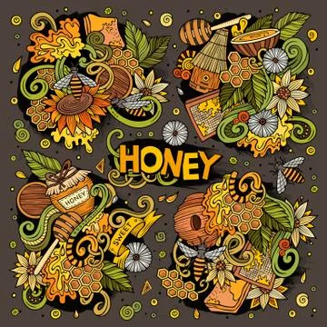 Vector cartoon set of Honey theme doodles design elements Stock Illustration