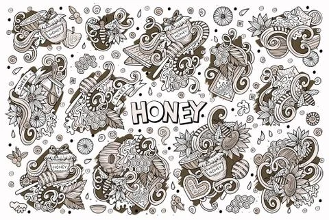 Vector cartoon set of Honey theme doodles design elements Stock Illustration