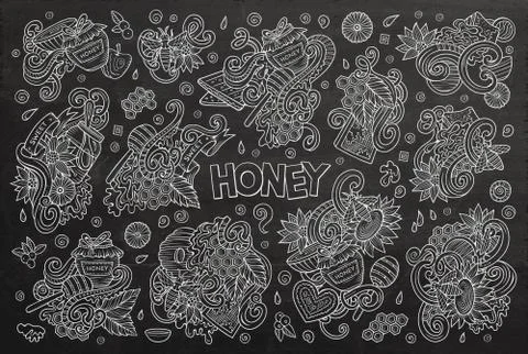 Vector cartoon set of Honey theme doodles design elements Stock Illustration