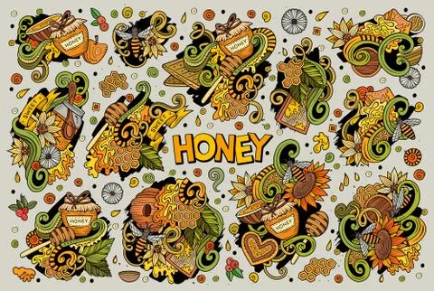 Vector cartoon set of Honey theme doodles design elements Stock Illustration