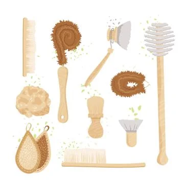 Vector cartoon set of kitchen, household and house cleaning brushes, pads and Stock Illustration