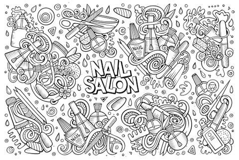 Vector cartoon set of Nail salon theme doodles design elements Stock Illustration