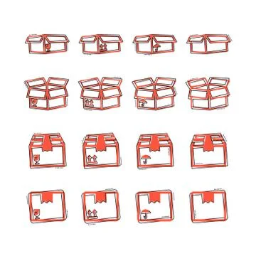 Vector cartoon set of packaging box icon in comic style. Shipping pack sign i Stock Illustration