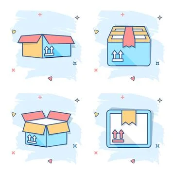 Vector cartoon set of packaging box icon in comic style. Shipping pack sign i Stock Illustration