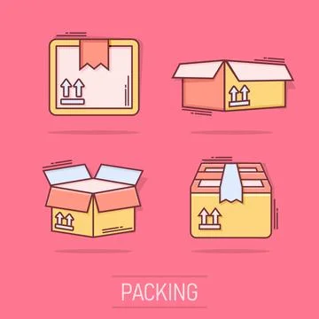 Vector cartoon set of packaging box icon in comic style. Shipping pack sign.. Stock Illustration