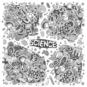 Vector cartoon set of Science theme doodles design elements Stock Illustration
