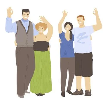 Vector cartoon set of two young happy cheerful couple, hugging each other and Stock Illustration