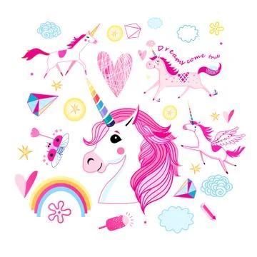 Vector cartoon set of unicorns and fabulous objects. Stock Illustration