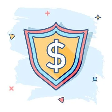 Vector cartoon shield with money icon in comic style. Shield sign illustratio Stock Illustration