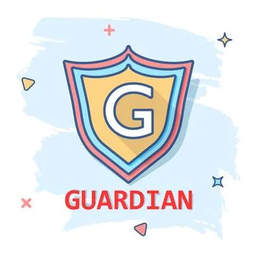 Vector cartoon shield protection icon in comic style. Protect guardian sign i Stock Illustration